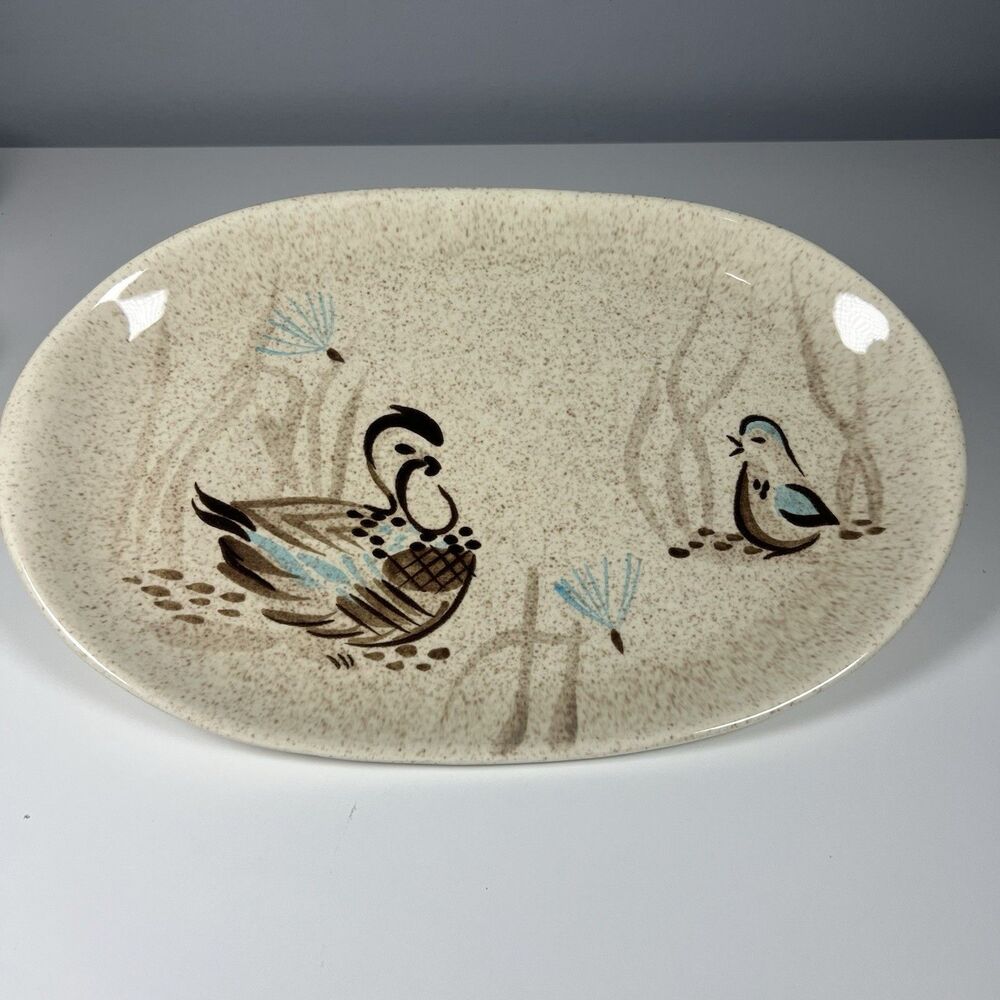1 Vintage Red Wing Bob White Oval Platter Speckled Stoneware Quail 13.5 x 9